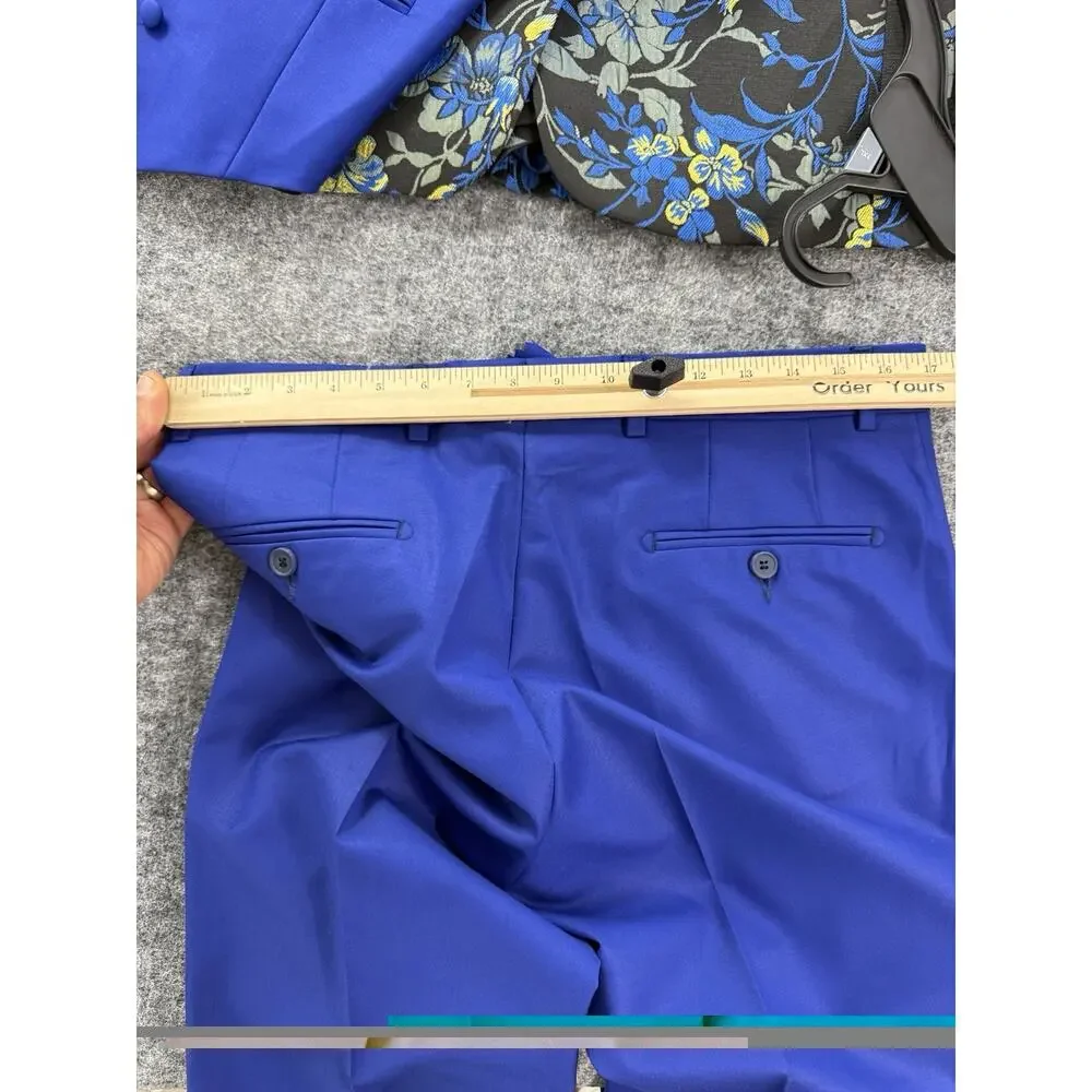 Pietro Scarlatti Mens Suit Tuxedo US 38 EU 48 Floral Blazer Vest Pants Blue T4
